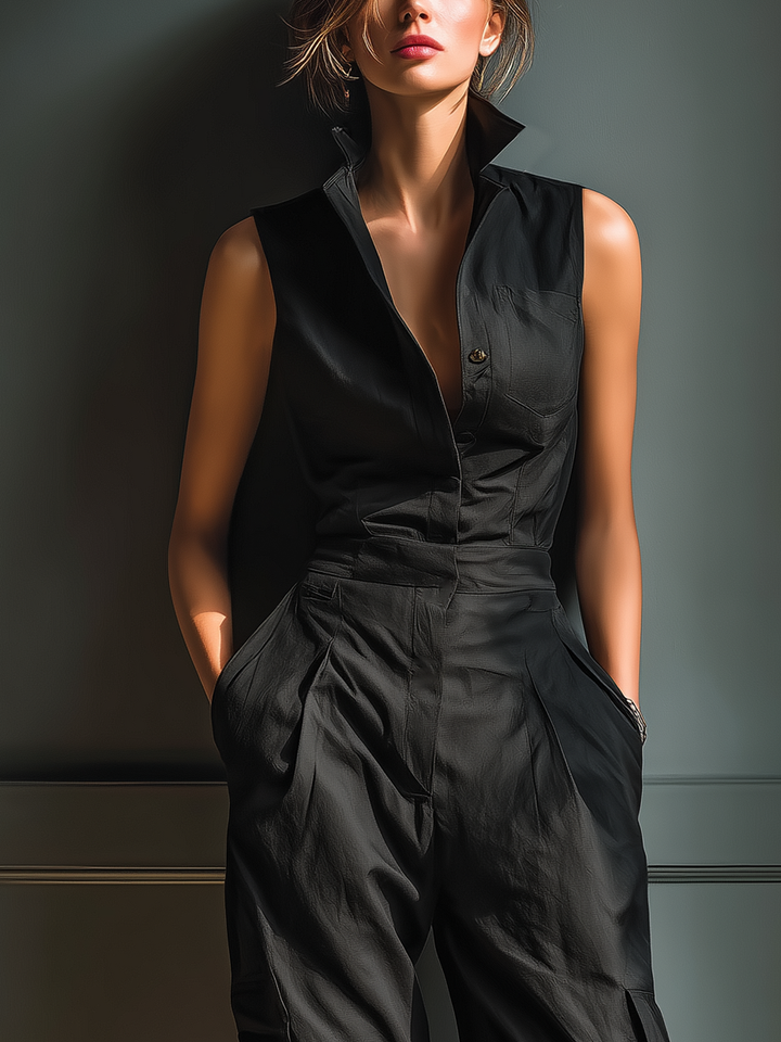 Women's Black Cotton And Linen Blend Sleeveless Collared Jumpsuit With Cargo Pockets