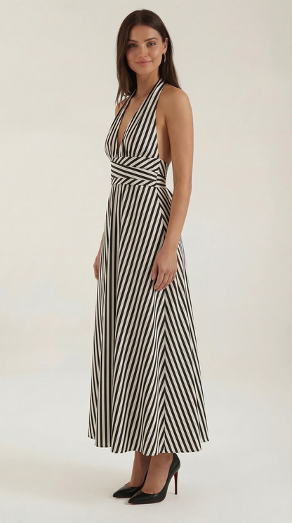 Vestido maxi Sandra de rayas con cuello de pico