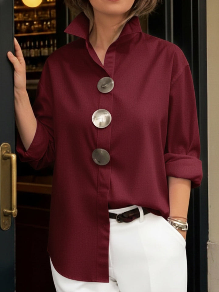 Cotton Linen Blouse with Elegant Collar and Metal Buttons