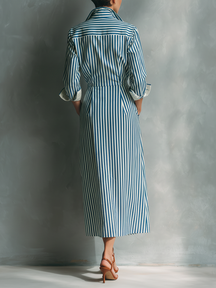 Women's Blue And White Cotton Blend Striped Shirt Dress With Red Chest Pocket