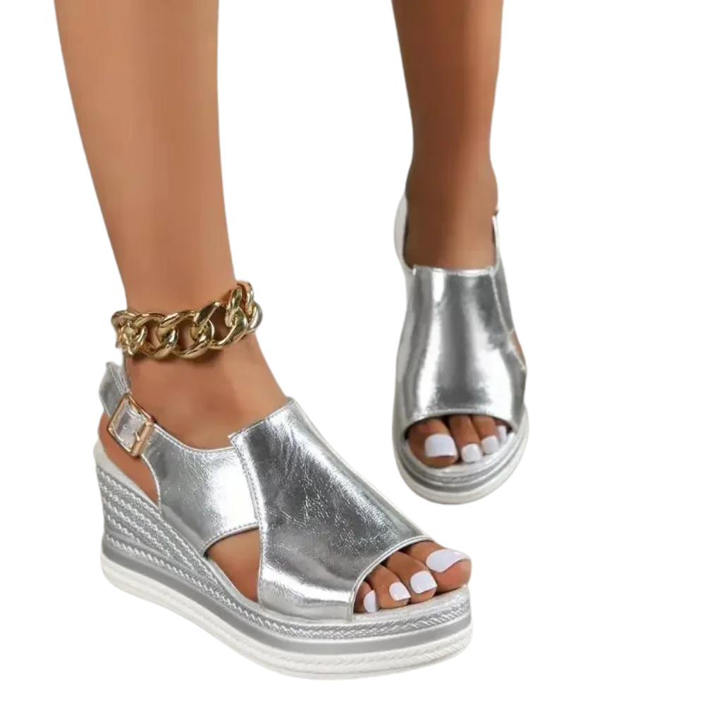 Messina Peep-Toe Buckle Wedge  Sandals