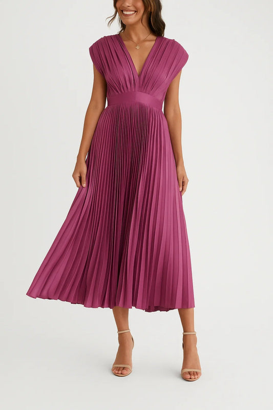 Pleated V-Neck Midi Dress