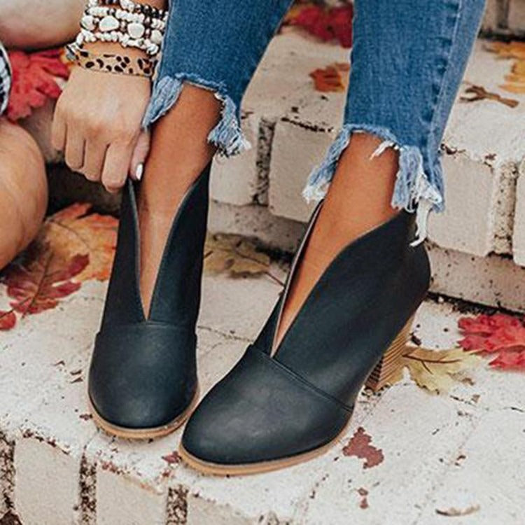 Botines de mujer - Punta almendrada - Tacón grueso - Sin cordones, estilo casual