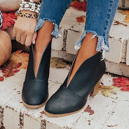 Botines de mujer - Punta almendrada - Tacón grueso - Sin cordones, estilo casual