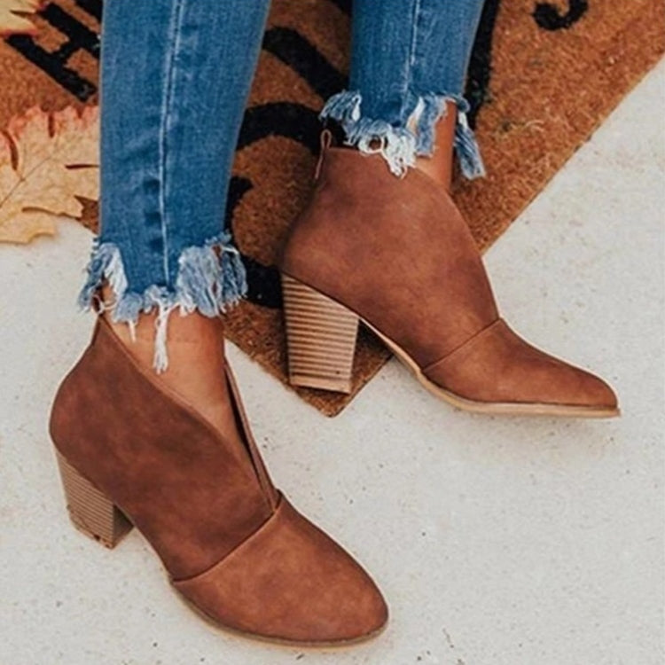 Botines de mujer - Punta almendrada - Tacón grueso - Sin cordones, estilo casual