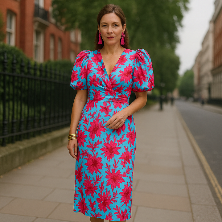 Pleated Sleeve Colourful Dress