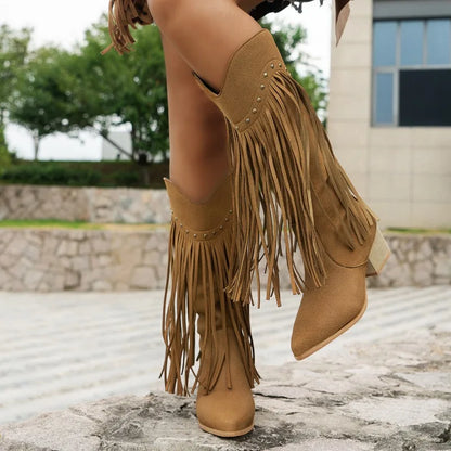 Women’s Fringe High Heel Boots with Studs