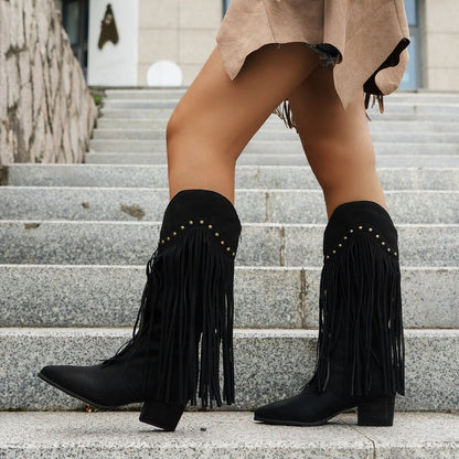 Women’s Fringe High Heel Boots with Studs