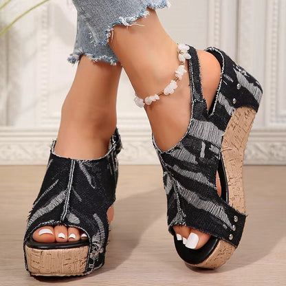 DenimLift - Sandalias de cuña vaqueras de corcho para mujer 