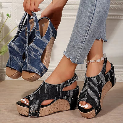 DenimLift - Sandalias de cuña vaqueras de corcho para mujer 