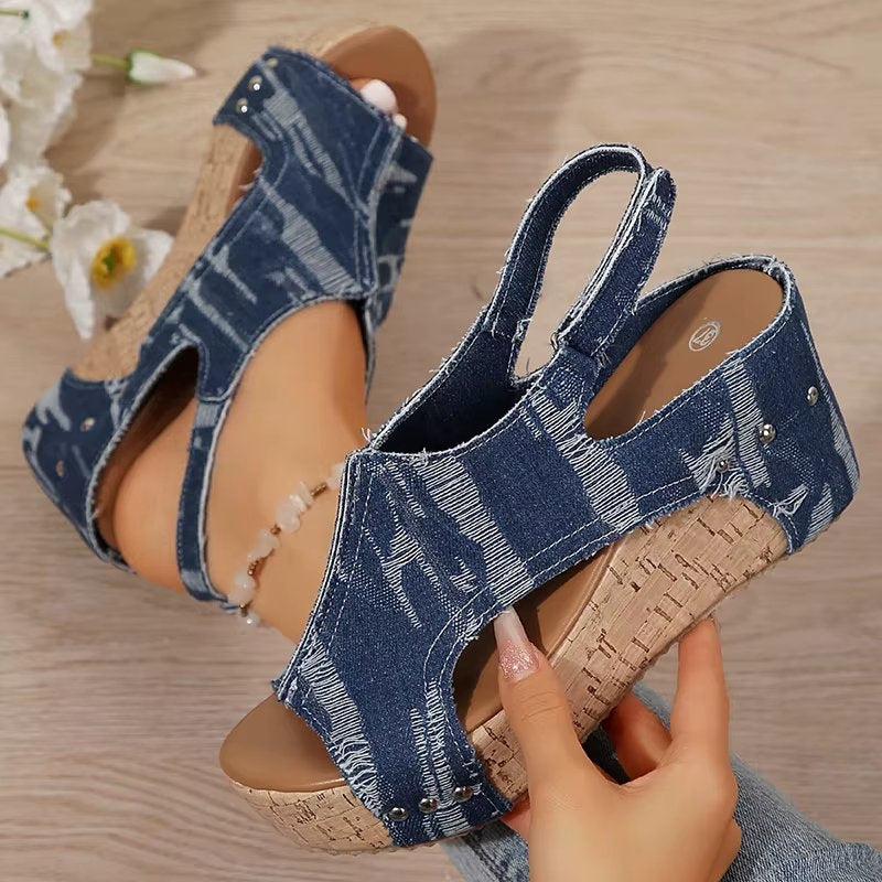 DenimLift - Sandalias de cuña vaqueras de corcho para mujer 