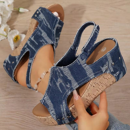 DenimLift - Sandalias de cuña vaqueras de corcho para mujer 