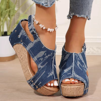 DenimLift - Sandalias de cuña vaqueras de corcho para mujer 