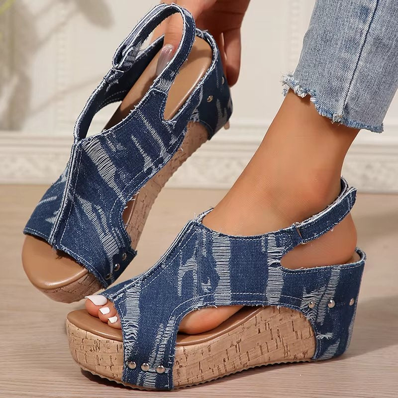 DenimLift - Sandalias de cuña vaqueras de corcho para mujer 