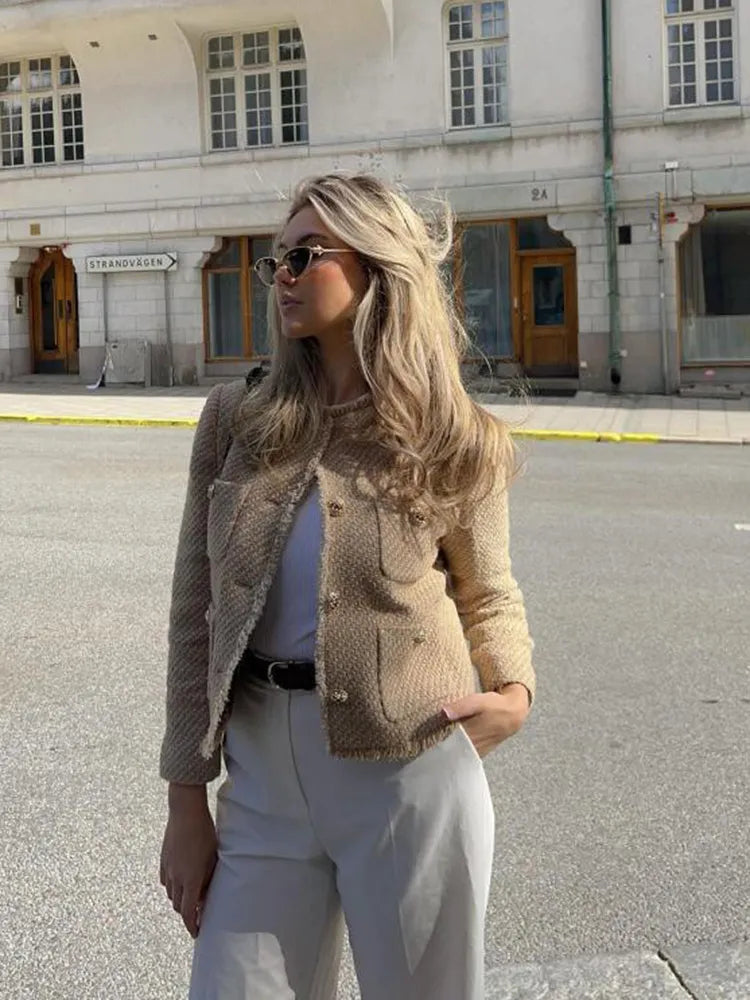 Short Tweed Blazer Jacket with Buttons for Women