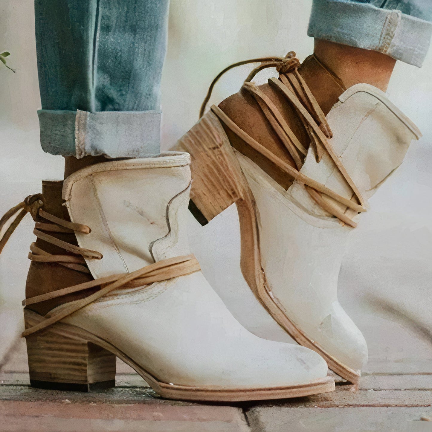 Botines de mujer - Piel - Estilo cowboy - Tacón ancho - Detalle de cordones envolventes