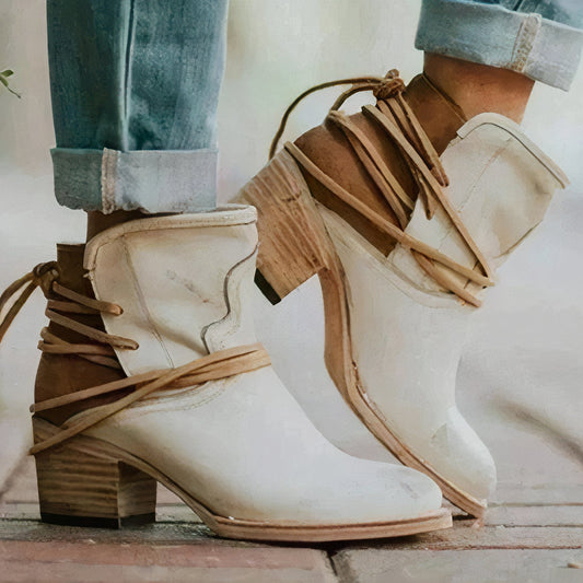 Botines de mujer - Piel - Estilo cowboy - Tacón ancho - Detalle de cordones envolventes