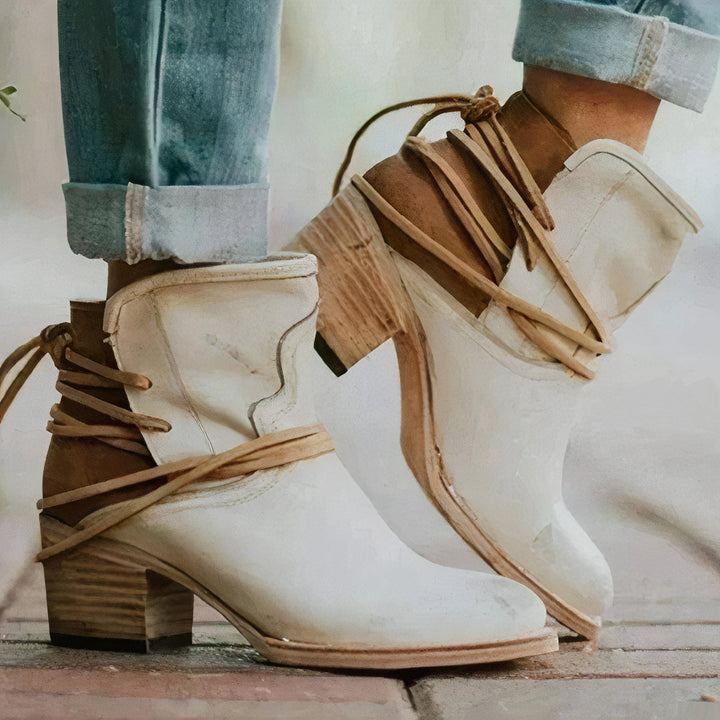 Leather – Western Style – Block Heel – Wrapped Lacing Detail