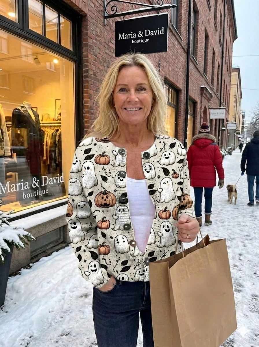 Funny Ghost Halloween  Art Print  Buttoned Cardigan Sweater