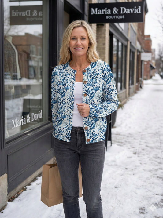 Elegant Blue And White Floral Pattern Print Buttoned Cardigan Sweater