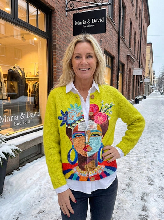 Oil Painting Freda Portrait Art Printed Buttoned Cardigan Sweater