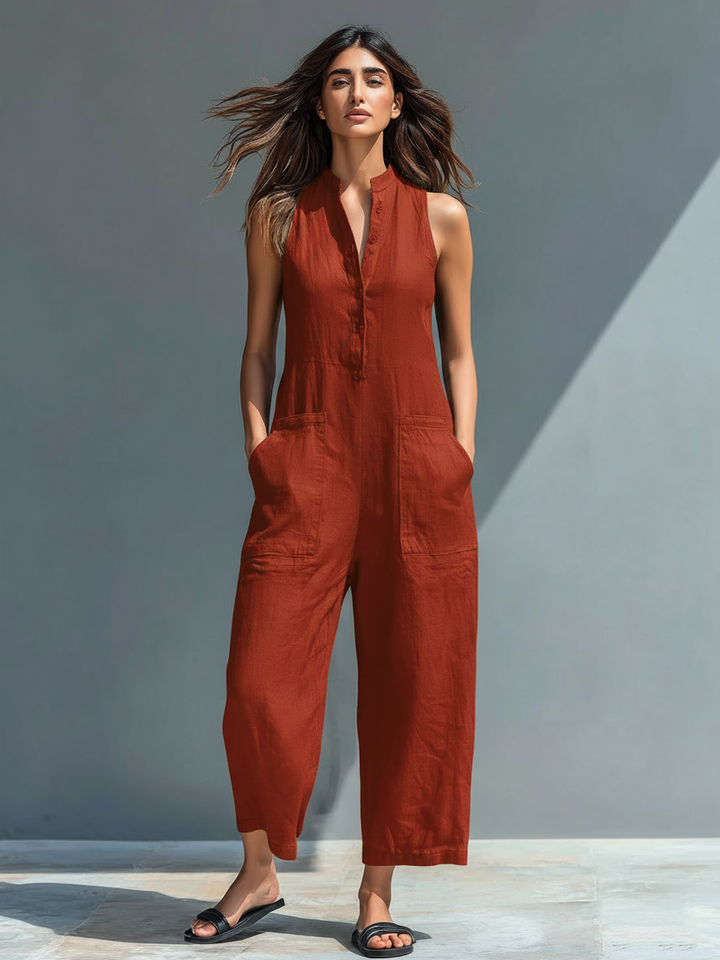 Women's Minimalist Linen Blend Button-up Stand-collar Sleeveless Loose Jumpsuit