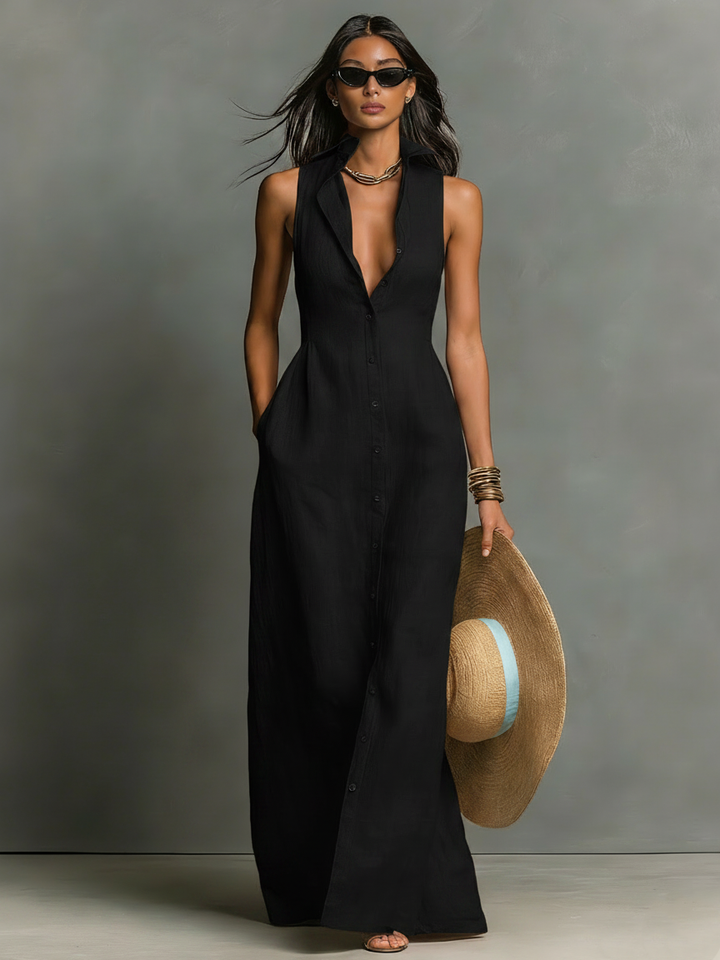 Women's Minimalist Linen-Blend Collared Single-Breasted Sleeveless Maxi Shirt Dress