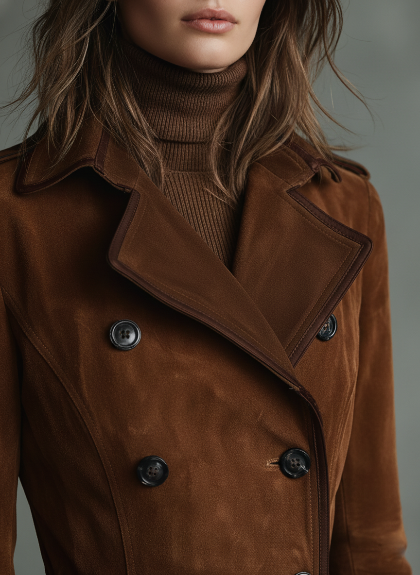 Women's Suede Trim Double-breasted Lapel Long Coat