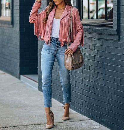 Danielle | Chaqueta motera de ante con flecos para mujer