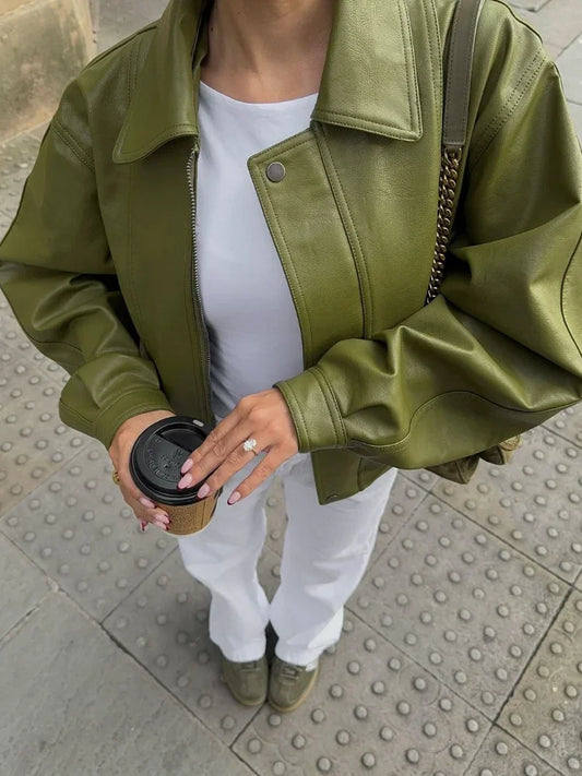 Women’s Relaxed Fit Oversized Leather Bomber Jacket