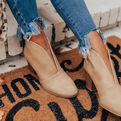 Botines de mujer - Punta almendrada - Tacón grueso - Sin cordones, estilo casual