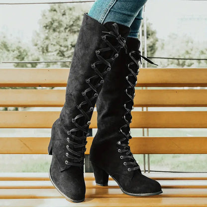 Women’s Lace-Up Block Heel Long Boots