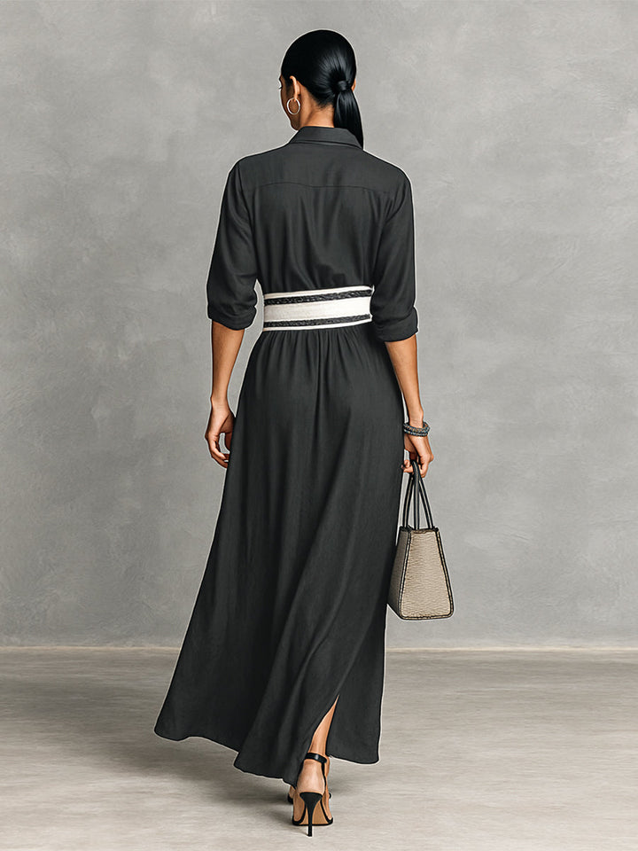 Women's Imitation Cupro Fabric Lapel Single-breasted Long-sleeved Waist Maxi Dress