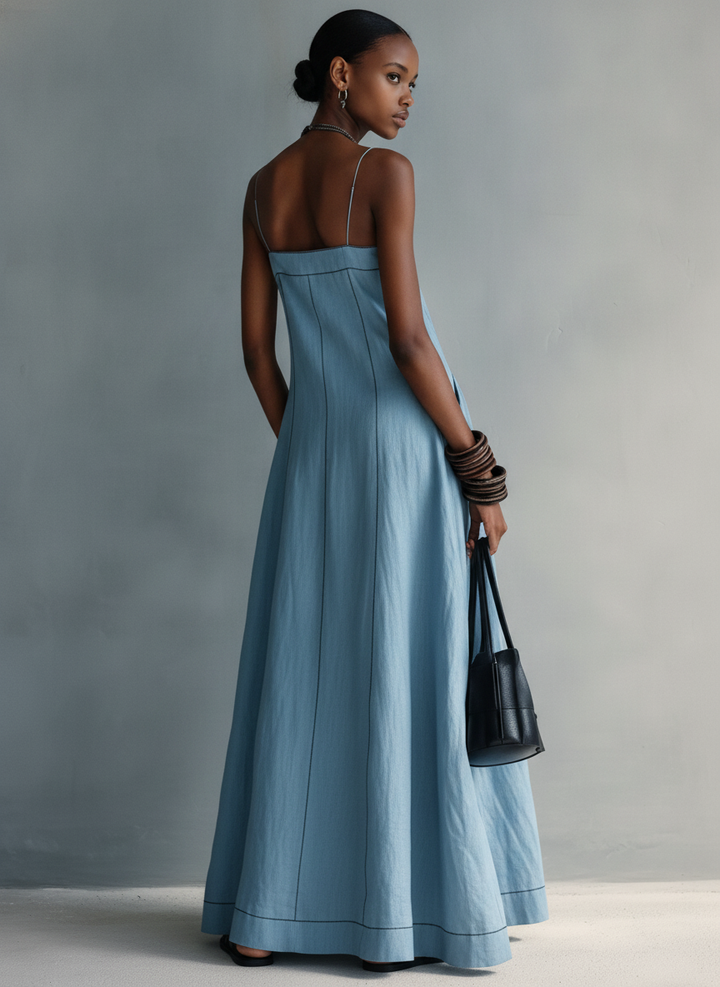 Women's Casual Blue Cotton-linen Sleeveless Camisole Maxi Dress
