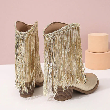 Claire | Botas de tacón alto metalizadas con flecos para mujer