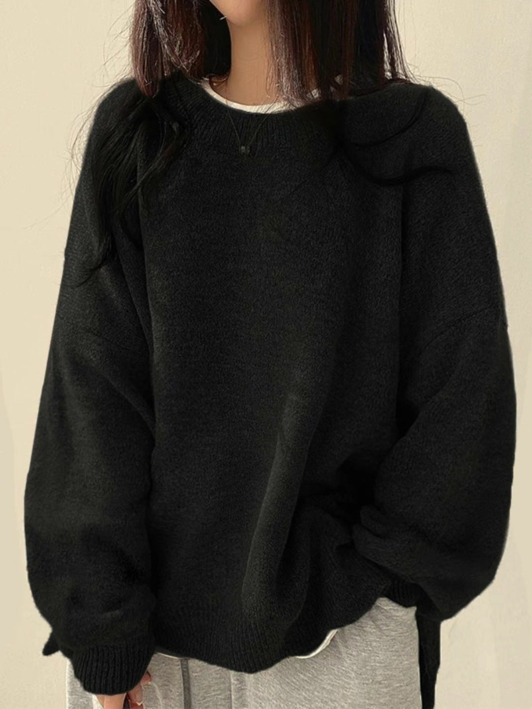 Women's Drop Shoulder Split Hem Round Neck Sweater