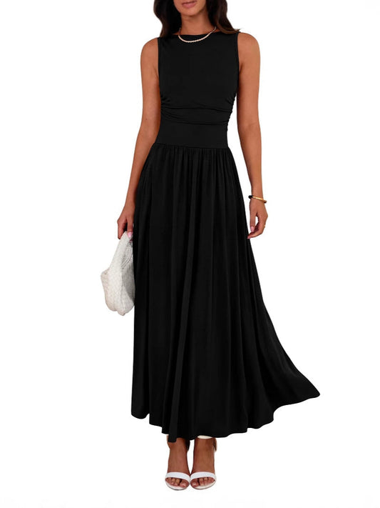 EMMIE™ - Vestido largo elegante de cintura alta, fruncido y sin mangas 