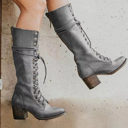 Women’s Lace-Up Knee-High Boots with Block Heel