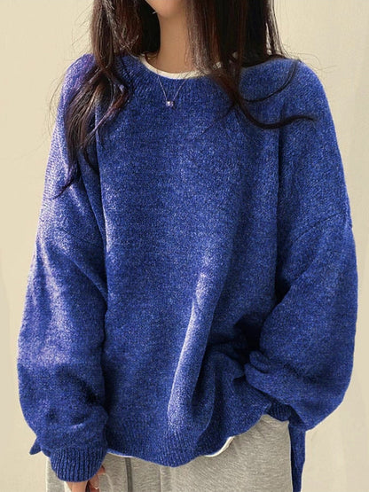 Women's Drop Shoulder Split Hem Round Neck Sweater