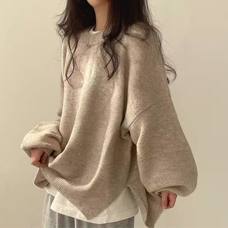 Women's Drop Shoulder Split Hem Round Neck Sweater