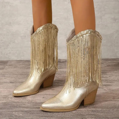 Claire | Botas de tacón alto metalizadas con flecos para mujer