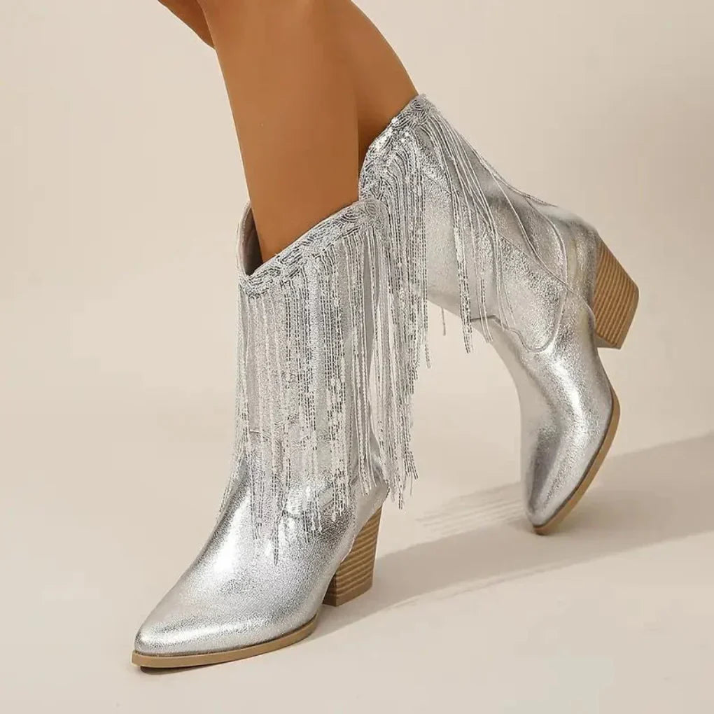 Claire | Botas de tacón alto metalizadas con flecos para mujer