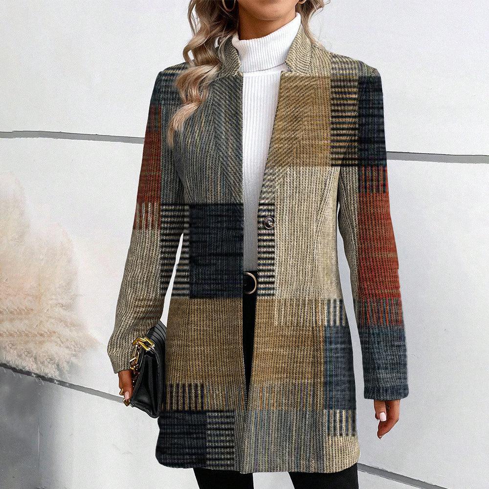 Women’s Longline Checked Blazer – Mid-Length Smart Casual Jacket