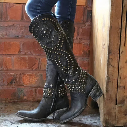 Women’s Studded Cowboy Boots with Chunky Heel