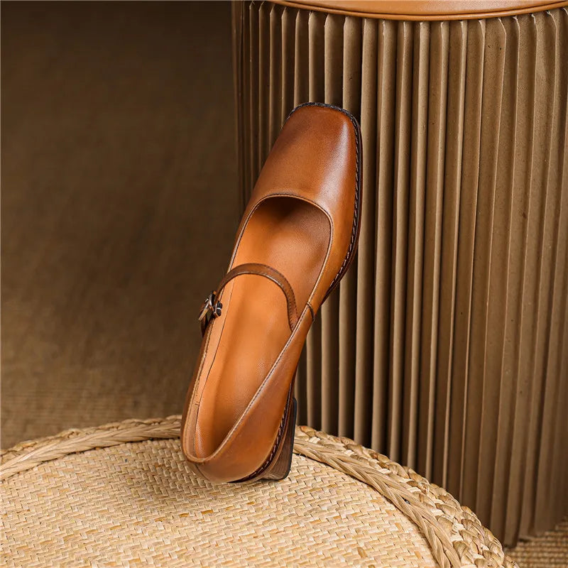 Women’s Spring Strap Block Heel Real Leather Shoes
