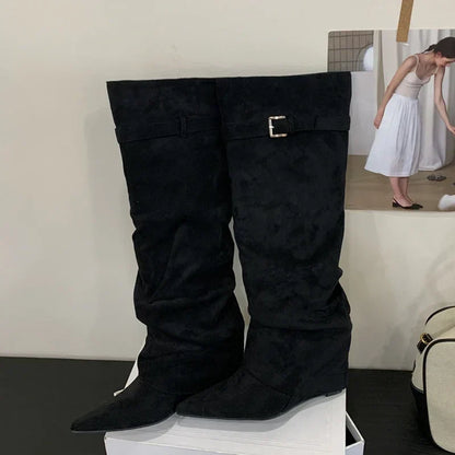 Women’s Leather Thigh-High Boots with Buckle