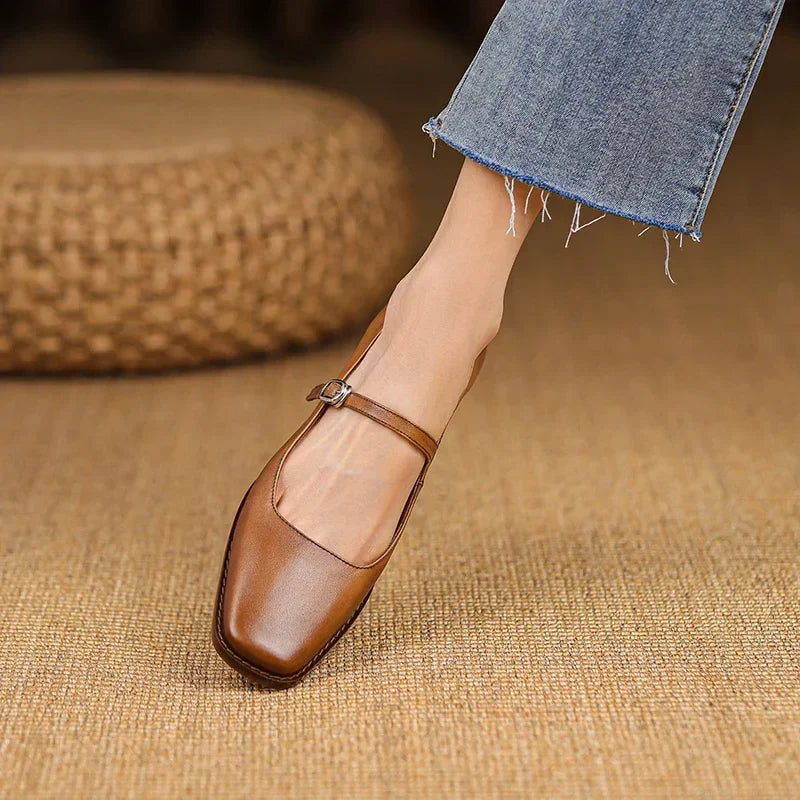 Women’s Spring Strap Block Heel Real Leather Shoes