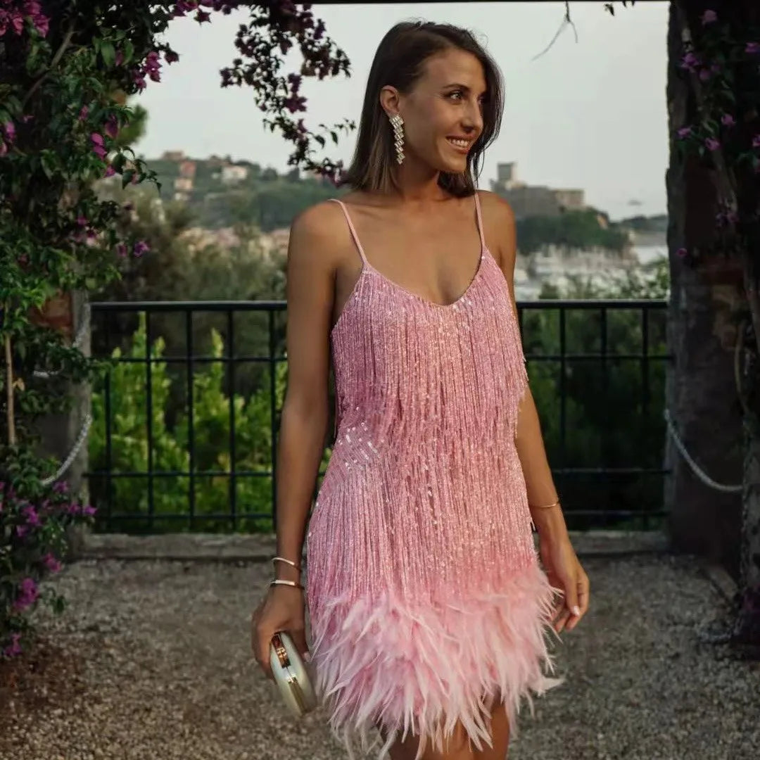 Women’s Cocktail Dress with Fringe Feathers