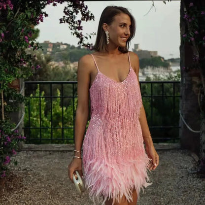 Lily | Vestido de cóctel para mujer con flecos y plumas