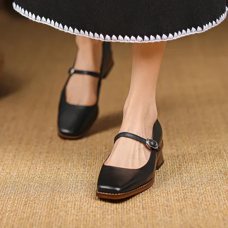Women’s Spring Strap Block Heel Real Leather Shoes